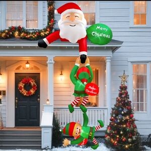8 FT Hanging Inflatable Lit-up Climbing Santa  Pulling Elves for Roof or Windows